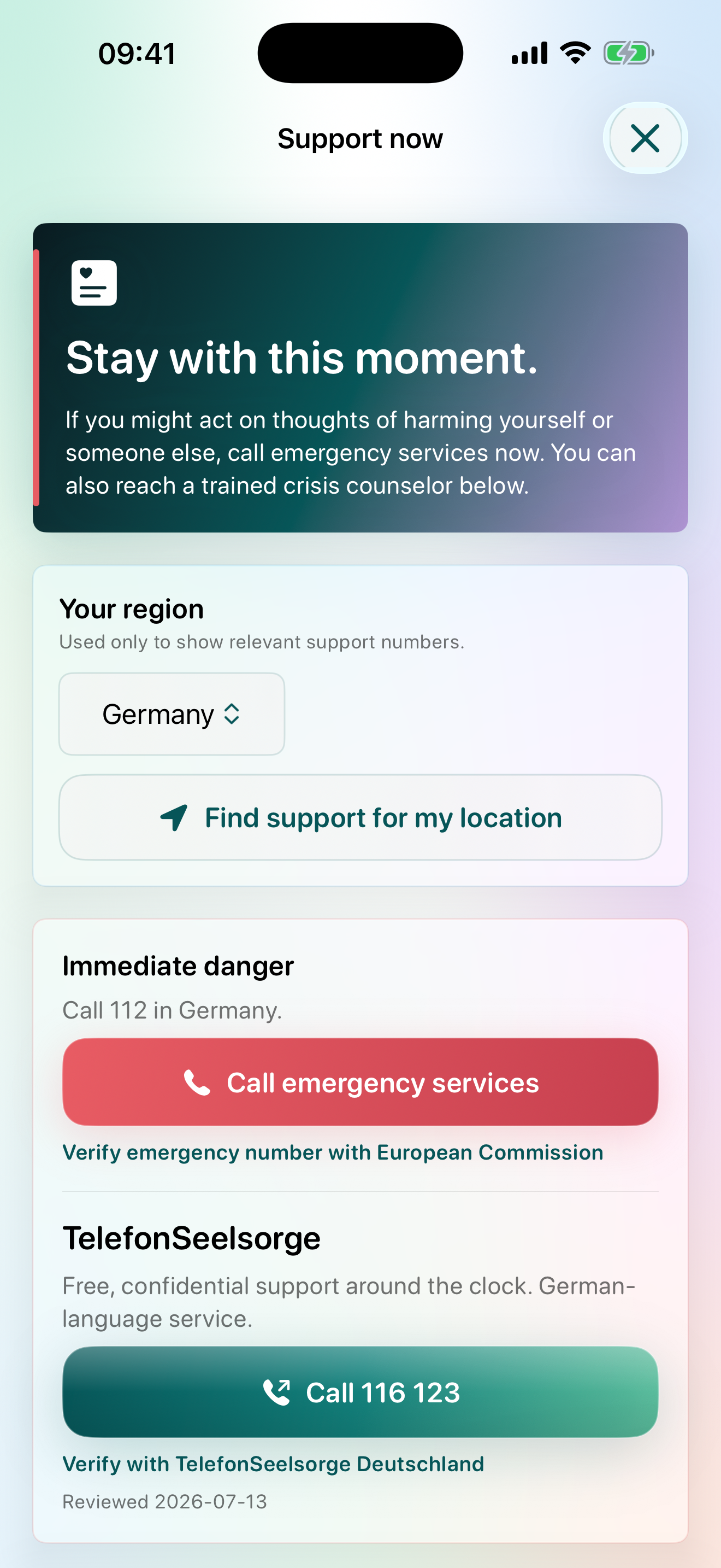 AuraZen regional crisis support screen